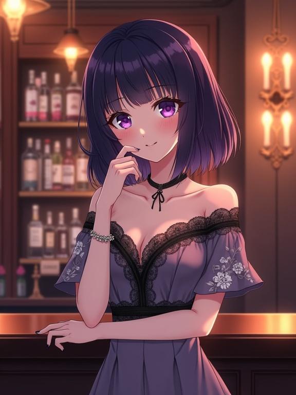 High-quality anime illustration featuring a beautiful adult woman with fair skin and large purple eyes. Dark violet bob cut hair styled with deluxe kanzasi. Subtly smiling with head tilted and hand on chin, showcasing ring and bracelet. Wearing purplish-gray dress with flared skirt and lace. Positioned in front of a luxurious bar with warm lighting.