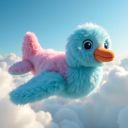 Plush bird toy with blue and pink colors flying in the clouds. Bright skies and fluffy clouds surround it.