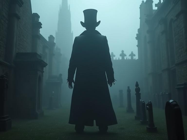 Tall shadowy figure wears a top hat with razored fingers. Emerges from fog in Greyfriars Kirkyard. Cracked gravestones surround. Creates a cinematic horror atmosphere. Image appears photorealistic.
