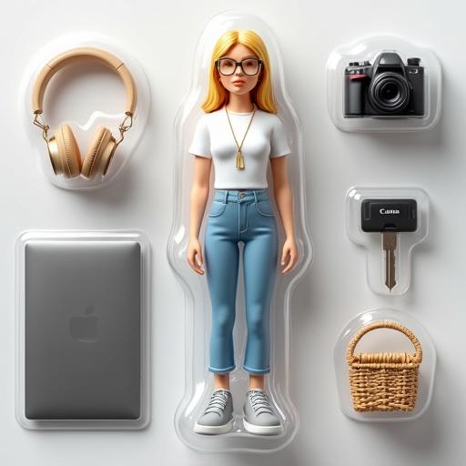 Stylized action figure of a designer in a blister pack. Female designer depicted as miniature model with blonde hair and golden metallic glasses. Wears white shirt and light blue jeans. Accessories include spacegrey MacBook, beige headphones, car key, canon camera, wooden basket. Packaging design minimal and professional.
