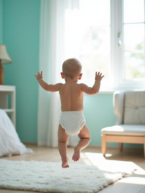 Baby boy in diaper jumping in turquoise living room. Bright, cheerful ambiance. White decor elements enhance the atmosphere. Natural light illuminates the scene.