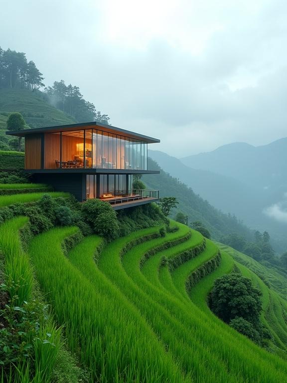 A stunning view of a modern house blended into terraced rice fields on a misty hillside. The house has large glass windows and wooden accents, with a warm light shining from within. The vibrant greenery of the fields cascades down the slope, showing a beautiful relationship between the building and nature. Distant mountains and a misty sky create a calm atmosphere.