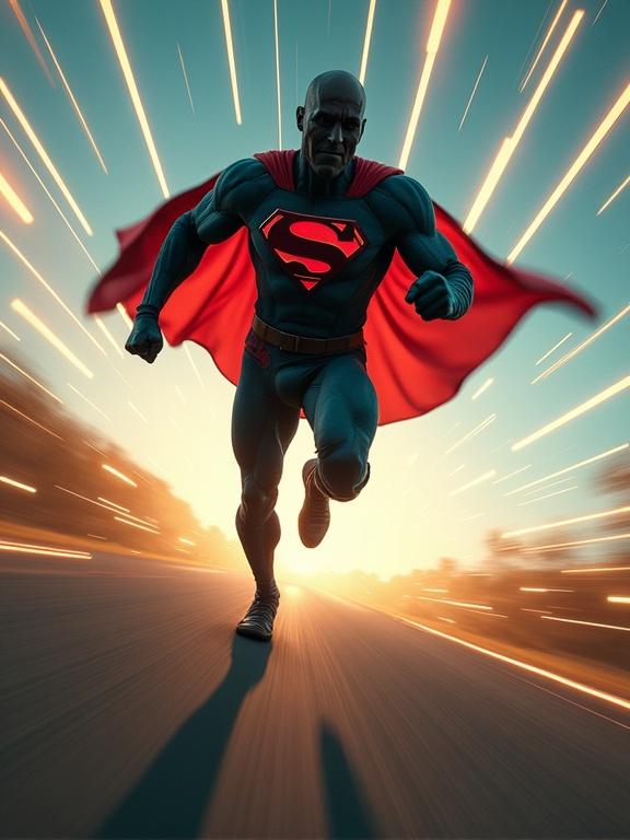 A superhero running at high speed with a cape flowing. Captured from a low tilted angle with limbs stretched mid-motion. The background shows motion lines and color streaks to indicate speed. High energy and dynamic lighting create a comic book feel.
