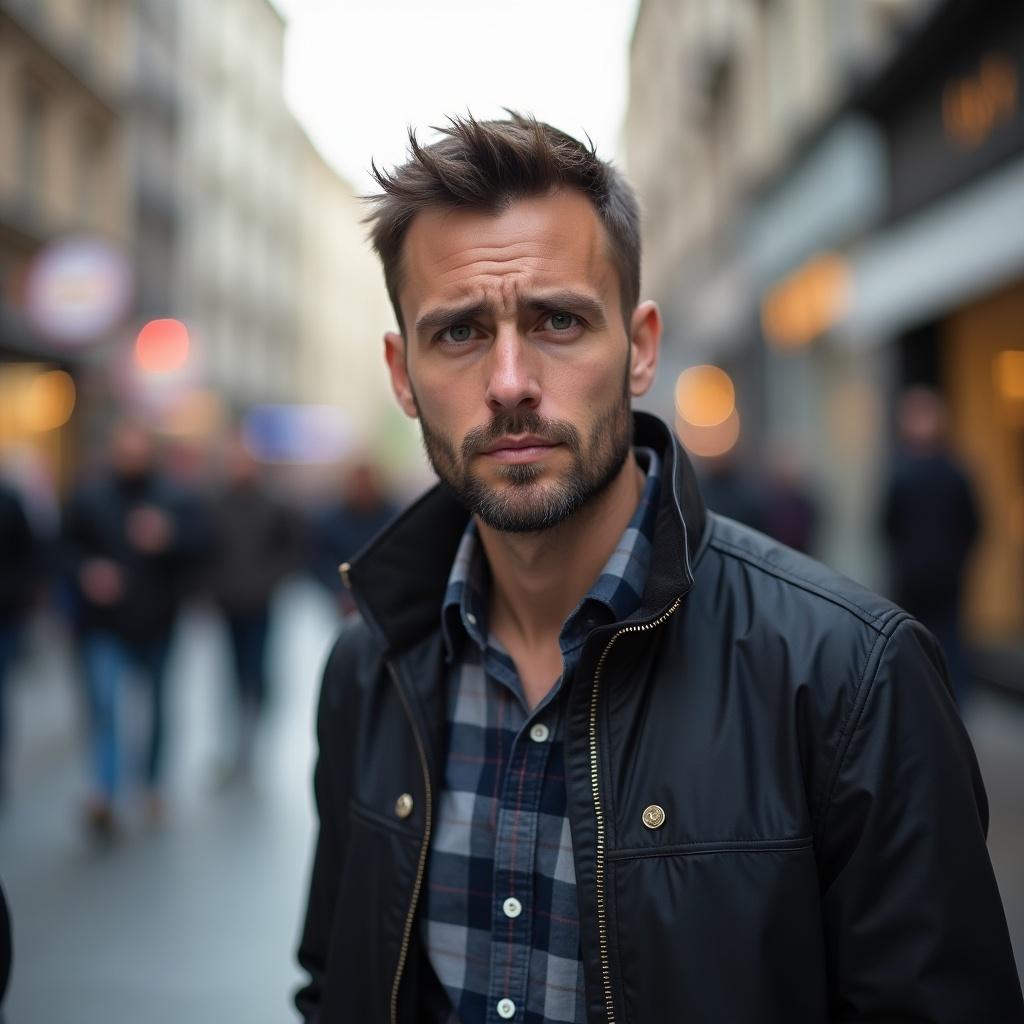 A man showing reluctance on a city street. He wears a black jacket and a plaid shirt. The background is filled with movement and blurred figures. The setting is urban and busy.