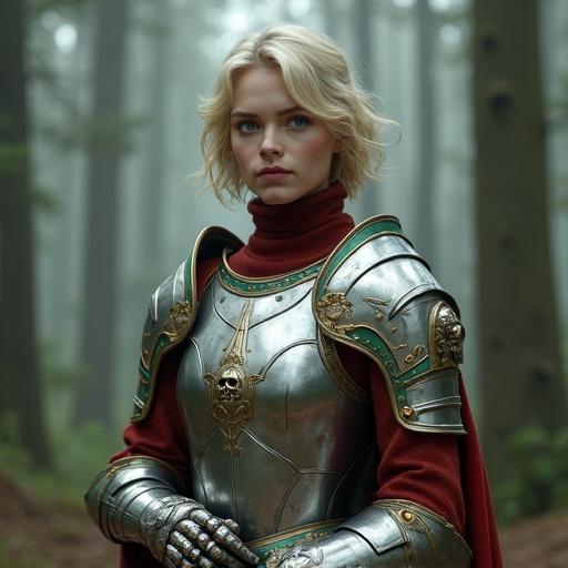 A photo-realistic digital illustration of a female knight in ornate silver armor with skull motifs. she stands in a forest setting with a serious expression. she has pale skin, short blonde hair, blue eyes, and is in her early twenties. wearing a red turtleneck sweater, hands on hips, looking at the viewer. heavy, ornate armor includes shoulder armor, breastplate, gauntlets, pauldrons with skull motifs and green and gold shoulder guard. soft, natural lighting highlights details in the armor. dense forest background with tall trees and mist.