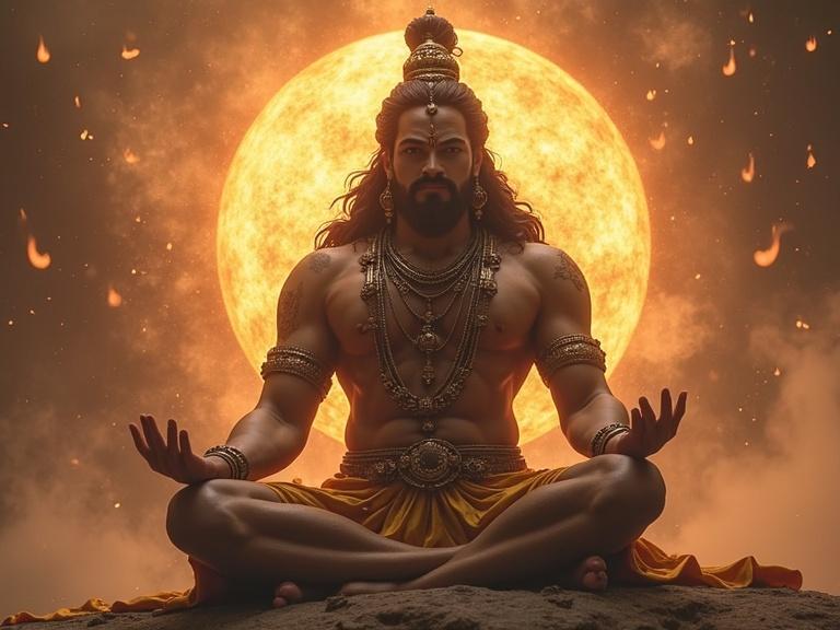 Illustration of Lord Indra in a meditative pose with a radiant sun behind. The figure exudes strength and wisdom. The background features a soft glow and hints of flames. Focus on the rich colors and details of the attire.