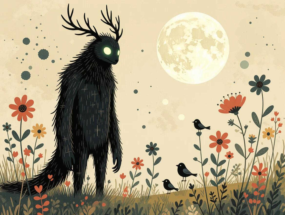 Imaginary tall beast creature with stitched black fur and glowing eyes stands in a whimsical landscape filled with abstract wildflowers. Small friendly birds accompany it. A full moon glows in the background, completing the magical scene.