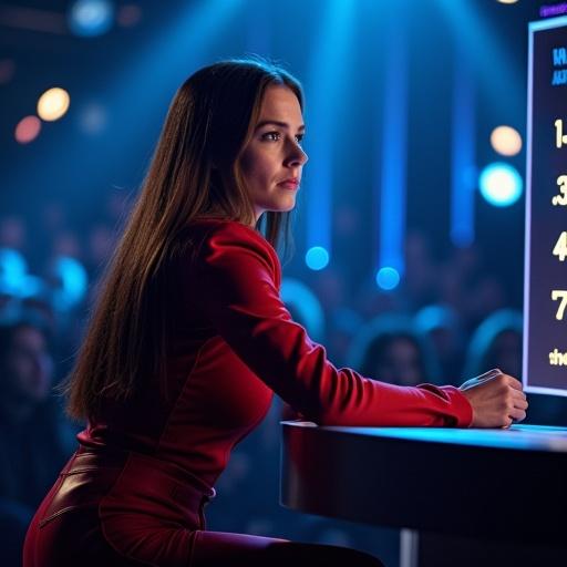 A cinematic scene featuring a female character in a game show setting. Question displayed on a glowing screen. Audience silhouettes in the background. Subject wearing a red outfit looking focused with slight confusion. Studio lights create a dramatic atmosphere.