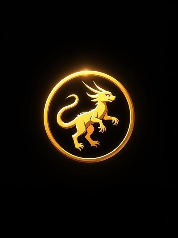 A circular logo in gold depicting a fantasy creature. The design features clean lines and a high-quality finish. The logo is set against a black background with no text.