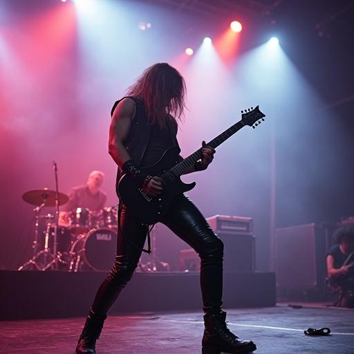 A performer passionately plays electric guitar on stage. Heavy metal outfit with leather pants and studded vest. Engaged in an intense guitar solo. Stage illuminated with colored lights and fog. Background features amplifiers and drum kit.