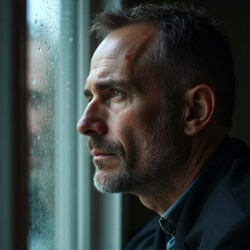 Close-up of a man with vitiligo looking thoughtfully out of a rainy window Soft interior lighting Water streaks on the glass