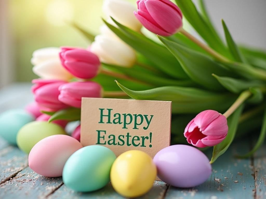 Create an image depicting a beautiful Easter setup. Feature a bouquet of colorful tulips including pink and white blooms. Arrange several pastel-colored Easter eggs near the flowers, showcasing hues of green, yellow, pink, blue, and purple. Include a light brown card that reads 'Happy Easter' in a cheerful green font. Set the arrangement on a rustic wooden table to enhance the warm and festive atmosphere. Make sure the lighting is bright and inviting, capturing the joy of the holiday.