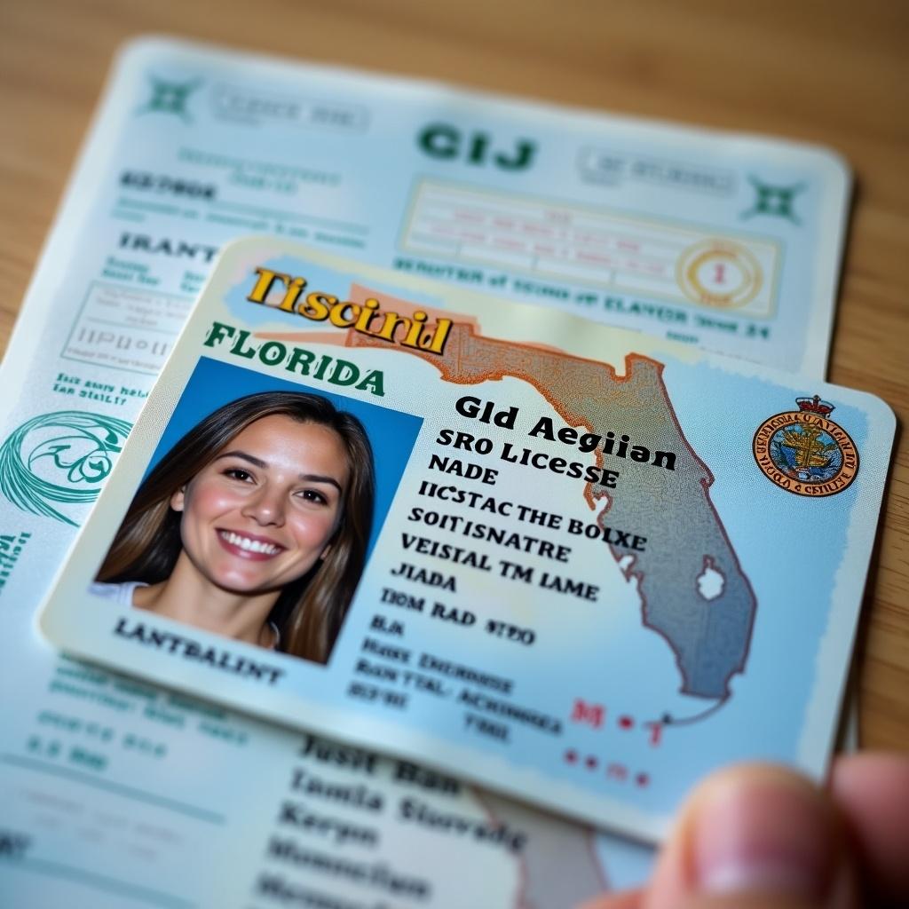 Image of a Florida driver license. The license is prominently displayed in front of a light colored background. The focus is on the details of the ID including a photo, name, and state emblem.