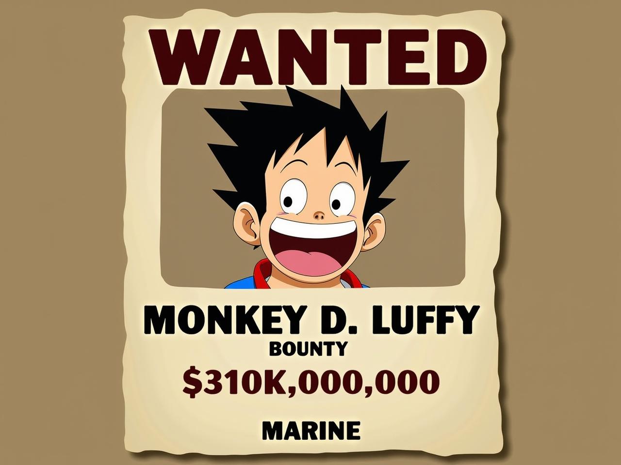 This image features a wanted poster for a fictional character. The poster is styled like a vintage announcement, showcasing a character with a big smile and distinct features. The text prominently states "WANTED" at the top, indicating a bounty on the character's head. Below the character's image, it lists their name as "MONKEY D. LUFFY" and specifies a bounty amount of $3,000,000,000. The bottom of the poster finishes with the word "MARINE." The character has a playful expression, making the poster both serious and comical.