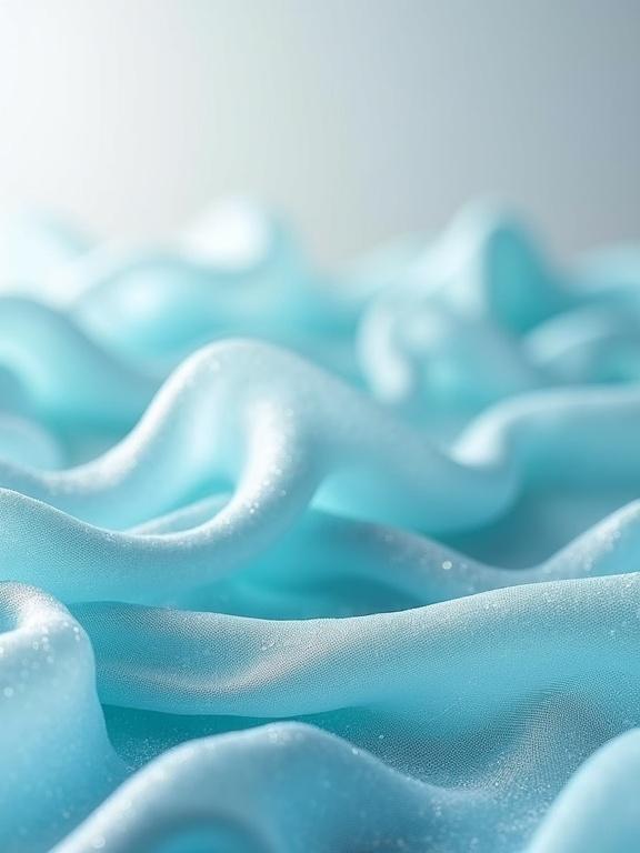 Abstract and elegant product photography showing crumpled silk or satin fabric in shades from deep blue to light turquoise. The soft lighting highlights the sheen of the fabric creating gentle reflections. The composition captures flowing textures reminiscent of ocean waves.