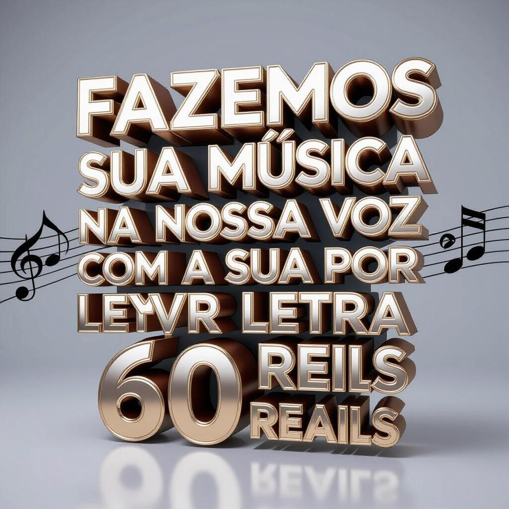 3D text render with exact spelling verification. Text includes 'FAZEMOS SUA MÚSICA NA NOSSA VOZ COM A SUA LETRA POR 60 REAIS'. Letter-by-letter accuracy check with perfect typography rendering and metallic finish. Studio background features musical elements.
