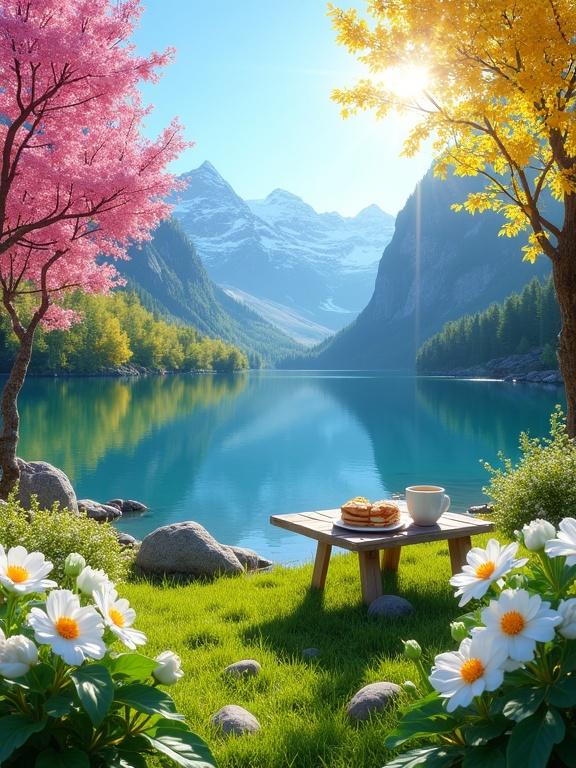 A highly saturated nature scene featuring a lake surrounded by mountains, colorful trees, and a table with coffee and sandwiches.