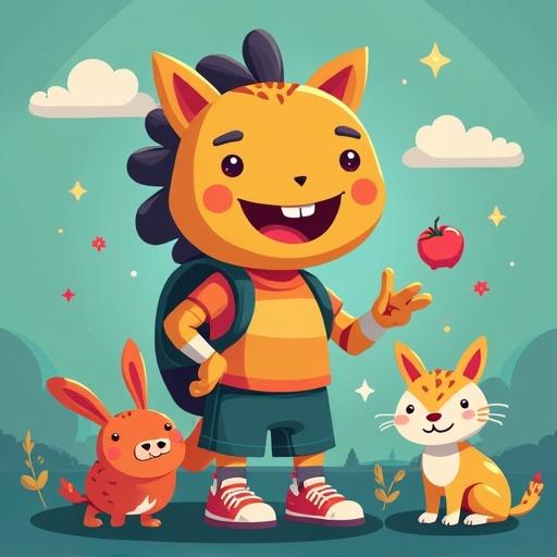 A cheerful character with a lion mane wears an orange striped shirt and backpack. Character stands next to a cute rabbit and a small cat. Background has clouds and sparkles. The character holds an apple and makes a peace sign.
