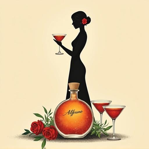 Minimalist artwork of a flapper girl with a flower in her hair holding a cocktail glass. Nearby is an apothecary bottle with a glowing elixir, labeled 'ALFRUNO.' Two cocktail glasses and roses are placed around the bottle. Background is beige. Composition is simple, contrasting, and follows the golden ratio.