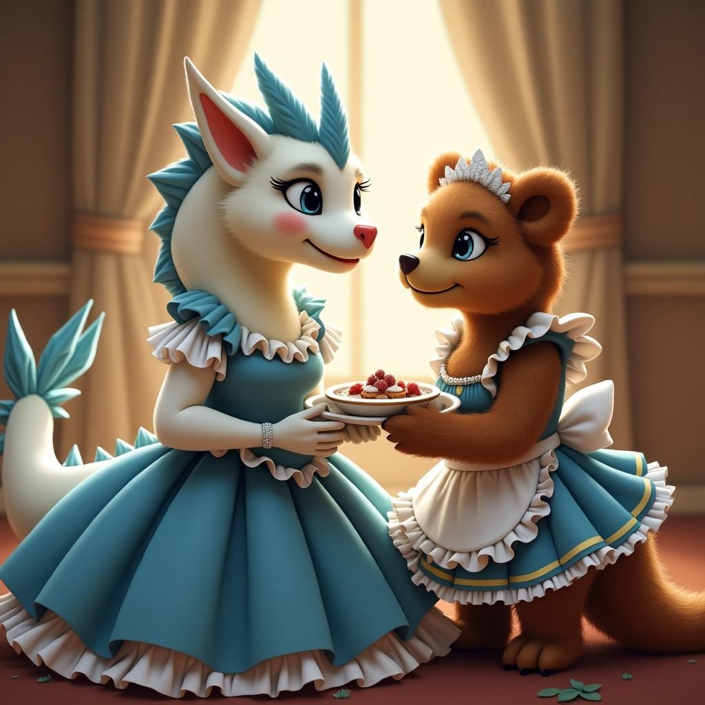 A furry anthro scene depicting a brown-furred bear in a frilly maid outfit serving a white dragon in a blue ballgown. The bear's outfit features a short skirt with frills and bows, complete with layers of petticoats that fluff out. The dragoness wears a sophisticated gown and smiles as the bear, with lipstick and a blush on his cheeks, attends to her. The setting is elegant, with soft, warm lighting enhancing the inviting feel. It exudes charm and whimsy perfect for a children's story.