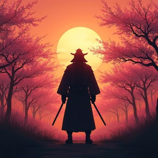 A samurai stands in fields filled with sakura trees in Japan. The setting sun casts an amber sky. Dark outlines of the samurai show a strong yet tired figure. The atmosphere feels dark yet courageous with a vibrant theme.