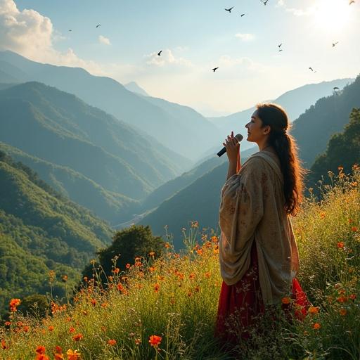 Image of a young Bhutanese woman singing on a hilltop, overlooking a lush green valley filled with wild flowers. Sun is shining through the mountains. Birds are flying around. Prayer flags flutter in the wind in the distance.
