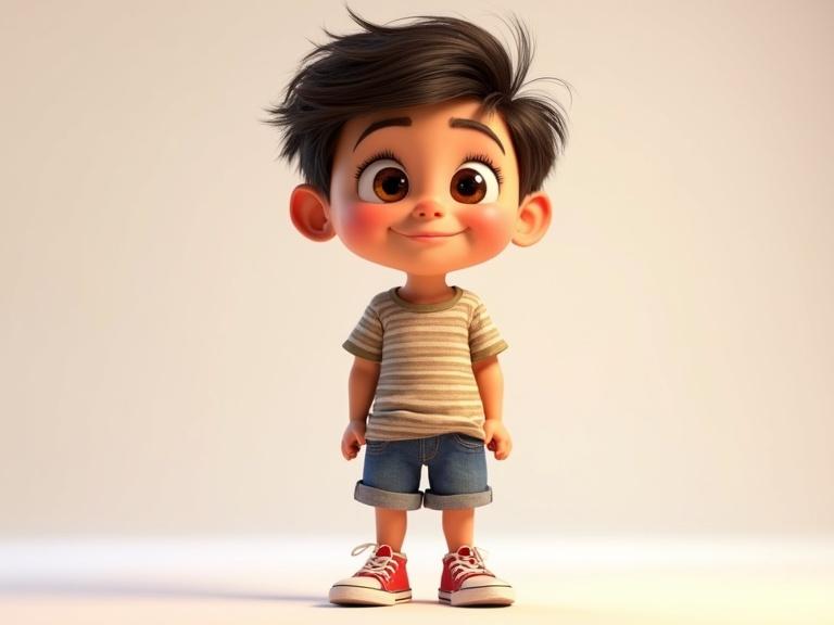 7-year-old boy character design in a playful style. Short tousled dark brown hair and big hazel eyes. Wears a striped shirt and denim shorts. Red sneakers add a youthful touch. Background is soft and simple to emphasize character.