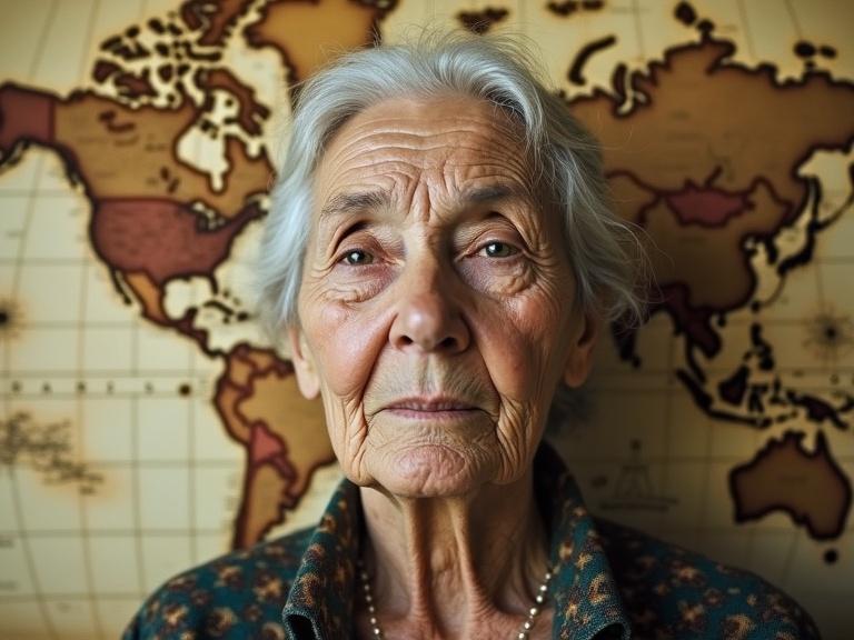 A vintage portrait of an elderly woman set against a world map. The scene conveys feelings of nostalgia and curiosity about the world.