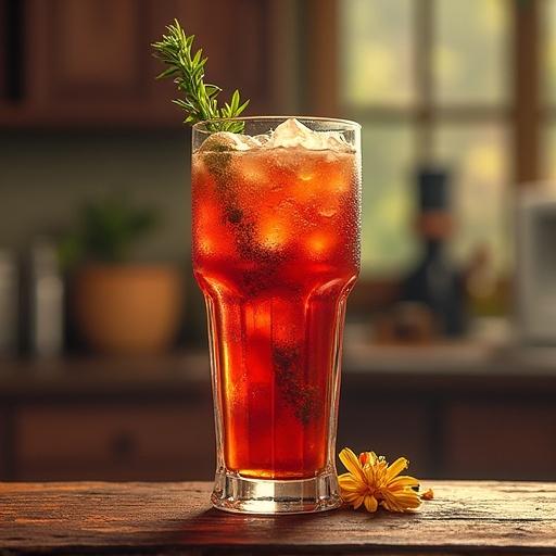 A refreshing cocktail served in a tall glass with ice and garnishes. The drink is amber-colored with mint leaves and a marigold flower. Background shows a cozy kitchen. Natural lighting enhances the scene.