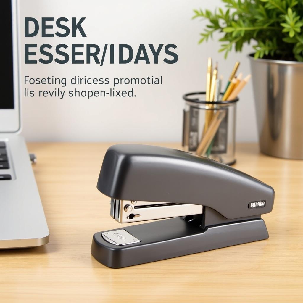 Image of a black metal stapler on a wooden desk. A laptop and stationery holder are visible in the background.