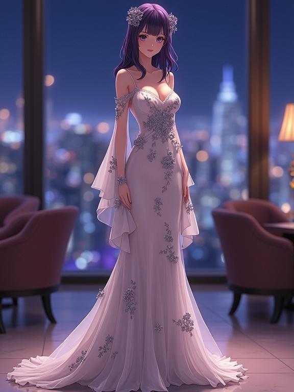 Front view of an anime woman with dark violet hair in a luxurious sky lounge at night. She wears an elegant off-white gown with floral designs. The city skyline is visible through a grand window. Soft lighting and warm atmosphere enhance the scene. Relaxed pose and gentle smile emphasize sophistication and beauty.