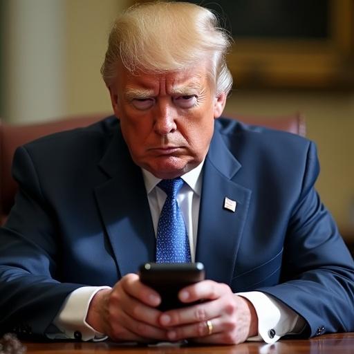 Former US President Donald Trump in signature suit and tie. Expression reveals anger while using smartphone. Headlines about Ukraine and Elon Musk surrounding him.