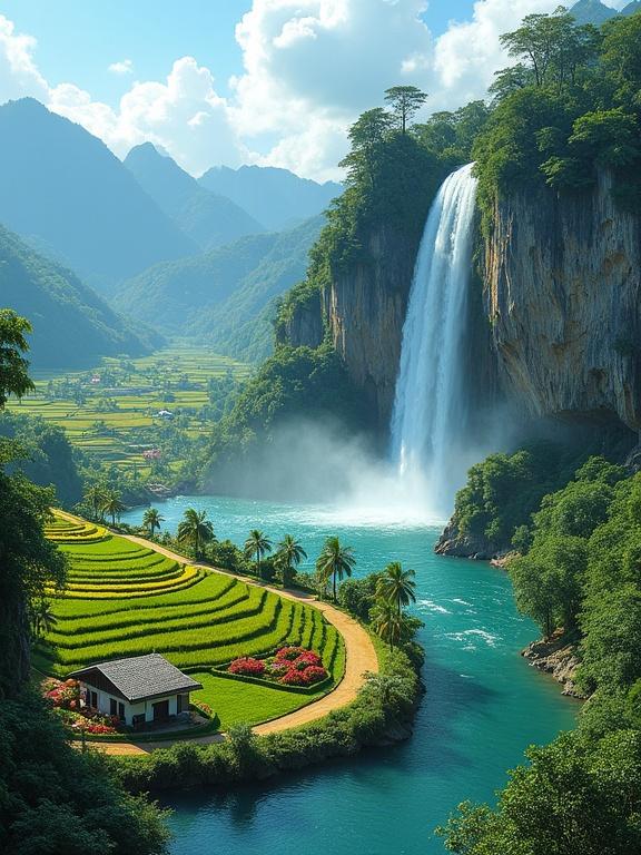 Captures breathtaking tropical paradise. Features a winding river and powerful waterfall. Lush greenery with a flower garden and rice paddies. Small hut under bright blue sky. Scene exudes peace and freshness. Waterfall cascades from a steep cliff. Rugged cliff face partially covered with trees. Calm river reflects the sky. Small hut on well-kept lawn. Curved dirt path leads to the hut. Flower garden full of colorful flowers. Expansive rice paddies stretch into the distance. Palm trees dot the area. Majestic mountains in the background. Vivid blue sky with cumulus clouds. Perfect blend of natural grandeur and cultivated beauty.