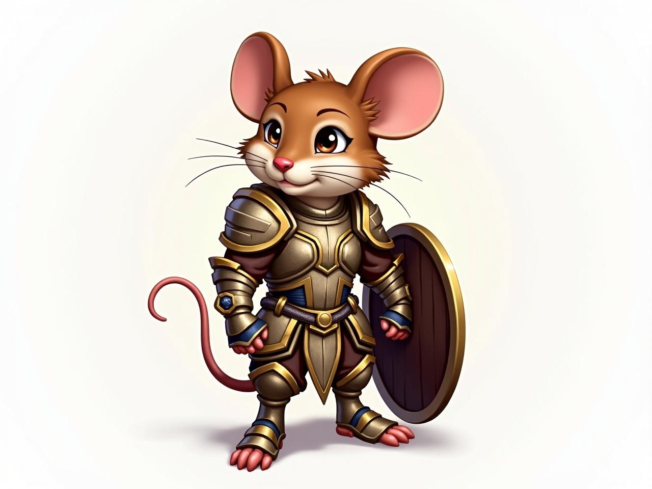 A cartoonish character of a mouse dressed in ornate armor stands confidently in a T-pose. The mouse features realistic fur and large, expressive ears, and its face shows determination. The armor consists of shimmering gold accents and mechanical elements, enhancing its warrior appearance. Its left hand holds a sturdy, round shield, while the right hand is at its side. The background is plain, allowing the character to be the focal point.