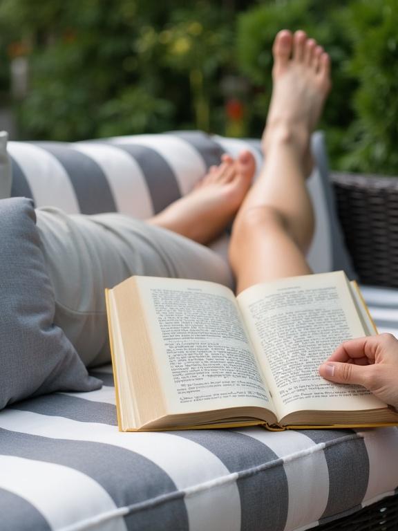 Person relaxing on striped outdoor sofa. Legs crossed at ankles. Holding open book with visible text. Garden or patio setting.