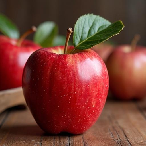 A close-up of a vibrant red apple with a green leaf on a wooden surface. Other apples are blurred in the background. The setting has a warm and inviting atmosphere.