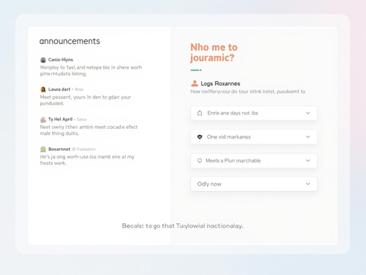 The image shows a digital interface for a platform called Tanglewood. On the left side, there is a section labeled "Announcements" featuring several messages from users like Megan, April, and Laura, detailing meeting reminders and requests about student duties. The right side welcomes a user named Roxannet, with options to log absenteeism, enroll students, access markbooks, or view all students. An apple icon is displayed next to the welcome message. The background has a soft pink and blue gradient. There is also an instruction hint at the bottom of the page regarding admin functionalities.