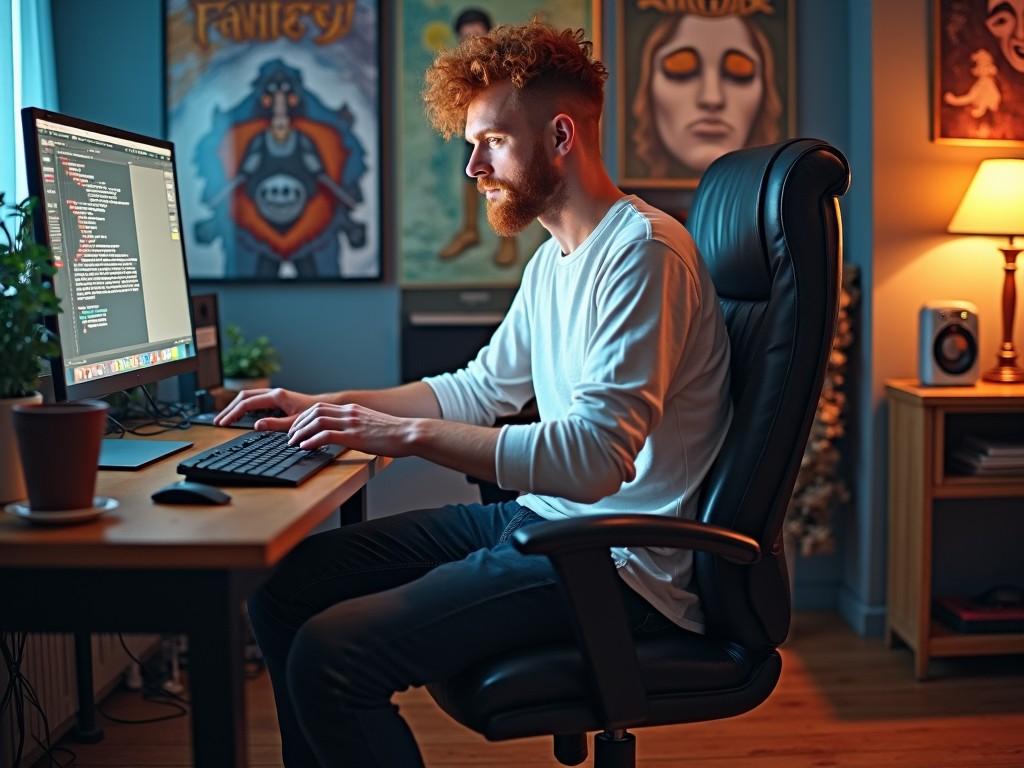 A focused man with curly red hair sits at a desk working on his computer. His workspace is filled with warm lighting and artistic posters on the walls. He is a skilled React JS developer, typing intently on the keyboard. The ambiance is creative, suggesting his passion for fantasy movies and sports. You can see elements of his hobbies in the background, hinting at an active lifestyle.