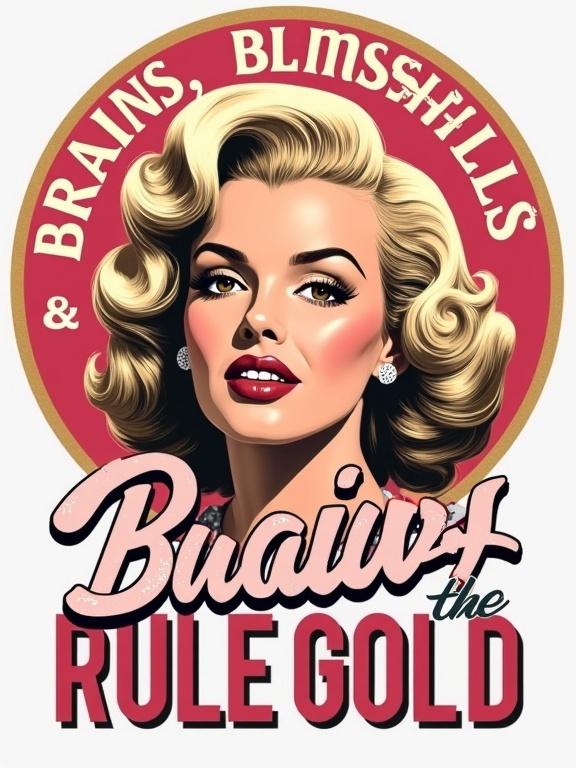 Retro-styled graphic portrait of a glamorous woman in 1950s pin-up style. Features big blonde hair and a vibrant pink and gold color scheme. Includes bold typography with the phrases 'Brains, Bombshells, & Business' at the top and 'Think Pink, Rule Gold' at the bottom. The design is playful, empowering, and suitable for apparel. 5000x5000 px with a transparent background.