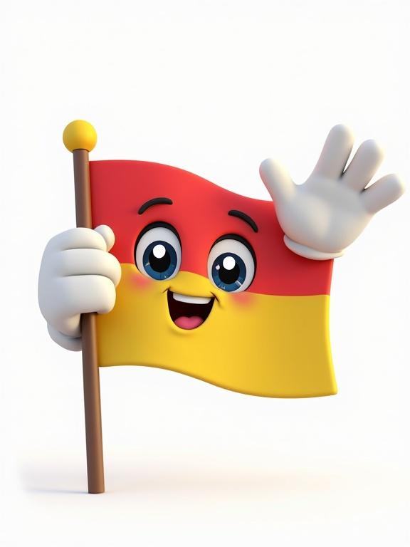 Waving cartoon-style flag of Bolivia has expressive eyes. Flag is red and yellow. One cute glove hand raised in a friendly wave. 3D soft shading creating adorable style without text.