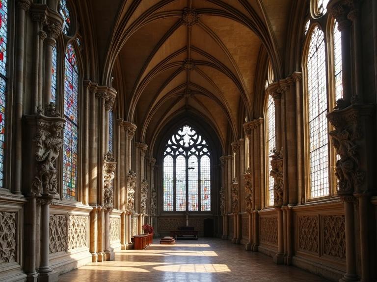 A Gothic cathedral with intricate stone carvings and stained-glass windows with soft natural light illuminating the interior.
