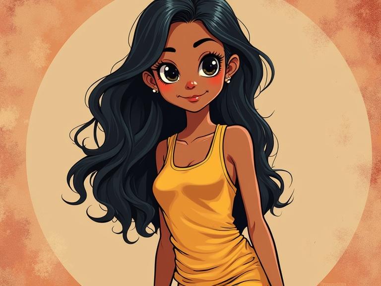 Stylized cartoon portrait of a confident starlet figure. She stands with long flowing hair and wears a yellow tank top. Background has a warm, textured circular design that adds depth to the artwork.