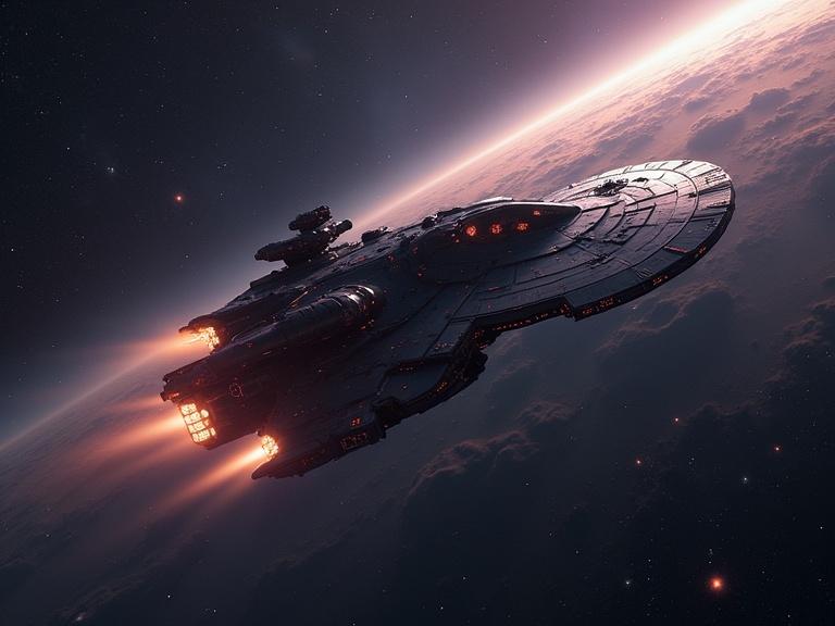Exotic starship in outer space. Starship illuminated by engines with planet in background. Dark cosmic environment with stars. Stunning visual effects.