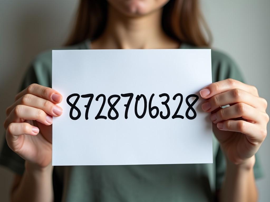 A person is standing in front of a neutral background, holding a white sign with a large, handwritten number on it. The number displayed is 8728706328, which is bold and clearly visible. The individual has their hands gently placed around the edges of the sign, drawing attention to the text. They are wearing a casual green shirt, which complements the soft background. The overall atmosphere of the image is calm and focused on the message being conveyed.