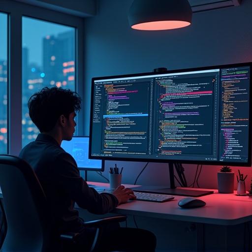 Image showing a programmer at a modern desk with multiple computer screens coding at night. It features a relaxed yet focused atmosphere with soft lighting and a clear view of organized code on the screens.
