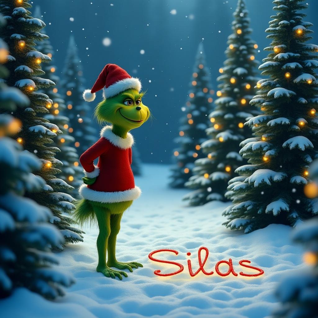 The Grinch stands in the snow surrounded by Christmas trees. Trees are decorated with lights. The Grinch writes the name Silas in the snow.