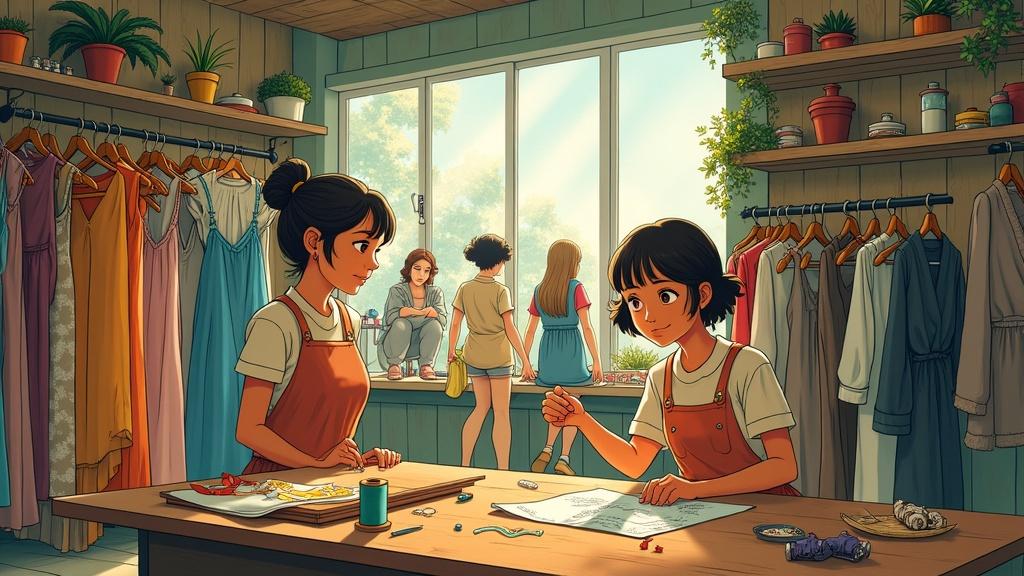 A solarpunk comic-style illustration. Inside a cozy second-hand clothing store. A cheerful seamstress is repairing a dress. Surrounded by sewing tools and fabric scraps. Sunlight pours through large windows. The store is decorated with plants and upcycled furniture. The atmosphere is warm and inviting.