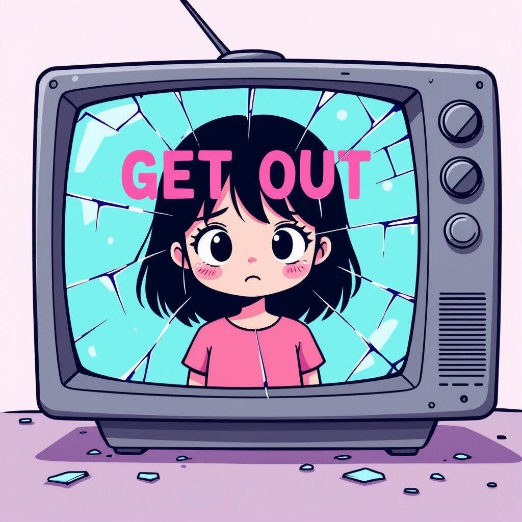 A cracked television screen shows a cute cartoon girl. Behind the glitching image, a dark shadow appears. The words 'GET OUT' are displayed in pink letters. The style is pastel horror and glitch art.