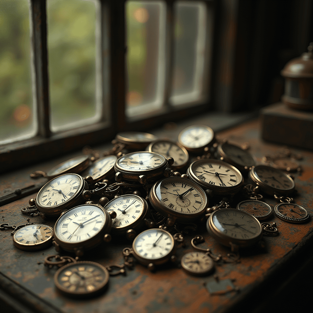 The image portrays a collection of antique pocket watches, scattered across a rustic wooden table near a window. The watches vary in size and design but share a common vintage aesthetic, with classic Roman numerals and intricate hands. The soft light streaming through the window casts gentle shadows, highlighting the texture of the aging wood and the metallic sheen of the timepieces. The blurred greenery outside the window adds a touch of warmth and life to the scene, creating a nostalgic and contemplative atmosphere.