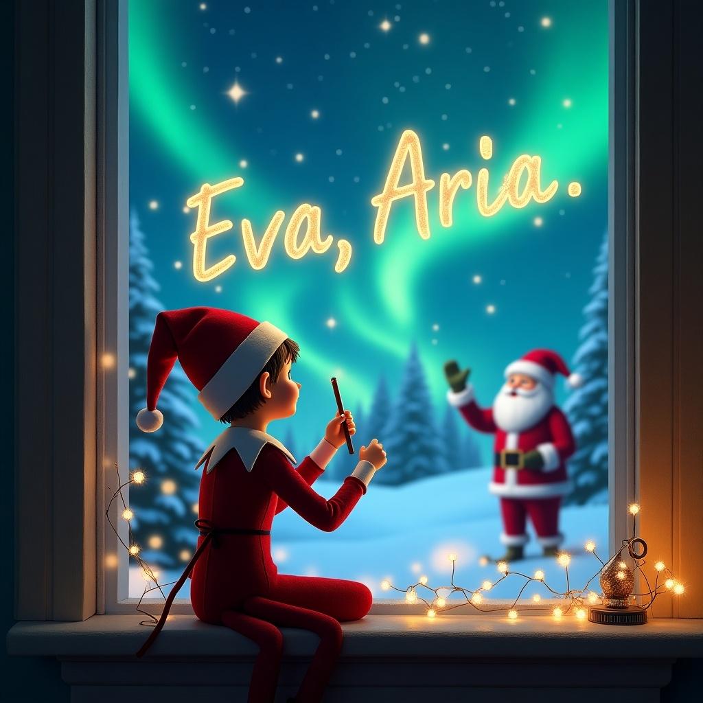 Elf on the shelf with back turned writing 'Eva, Aria' in the sky. Magical Christmas background features northern lights and Santa. Engaged in a special moment.